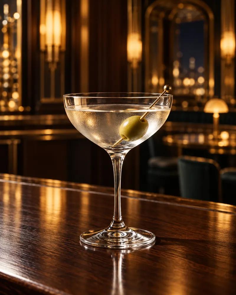 Dry Martini w szkle coupe - zielona oliwka albo skórka cytryny
