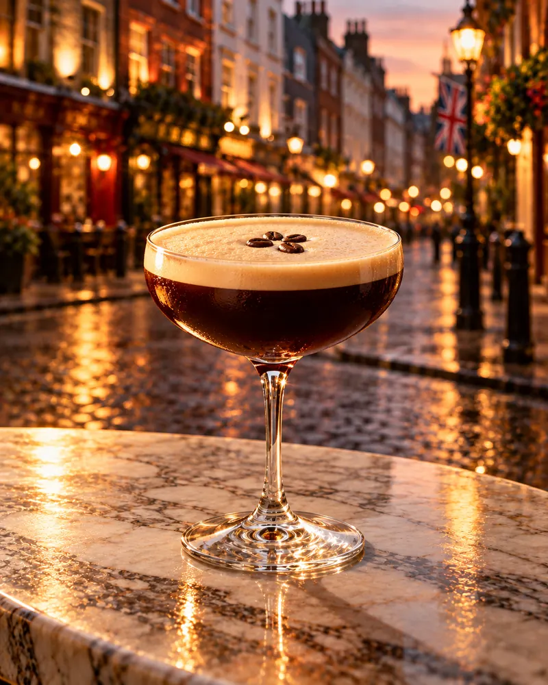 Espresso Martini w szkle coupe - trzy ziarna kawy na piance