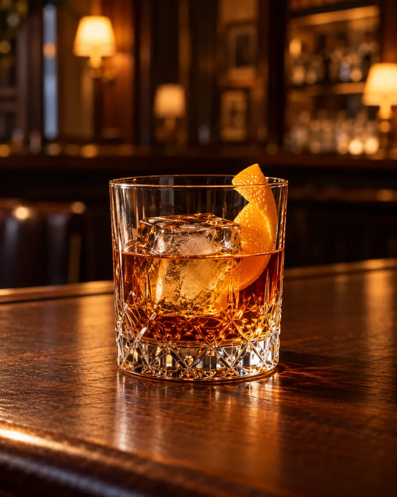 Old Fashioned w szkle tumbler - skórka pomarańczy, opcjonalnie wisienka koktajlowa