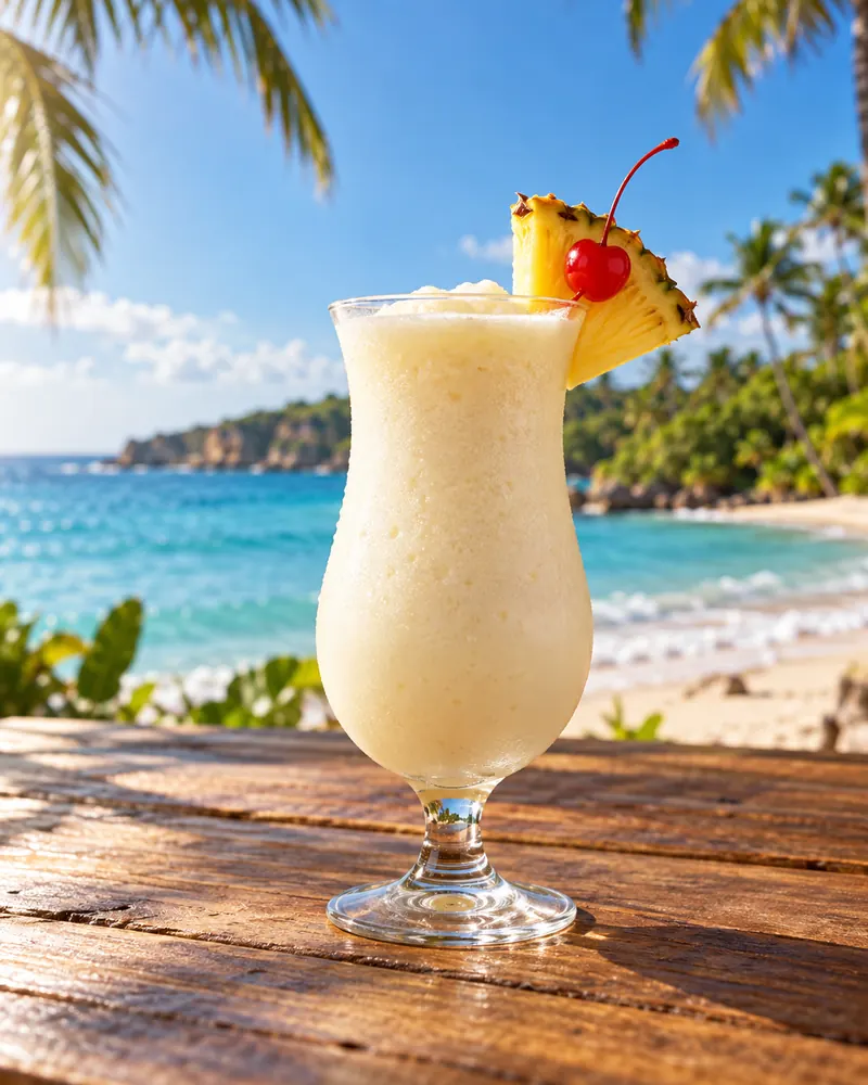 Piña Colada w szkle highball - kawałek ananasa i wisienka koktajlowa