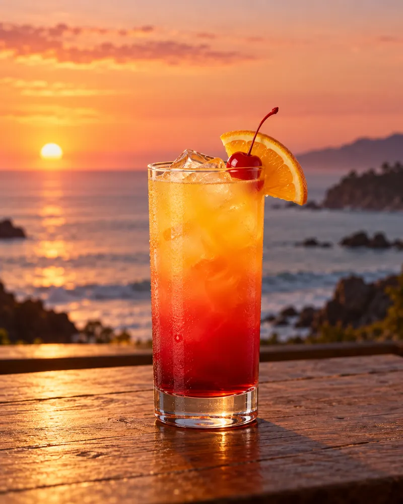 Tequila Sunrise w szkle highball - plaster pomarańczy i wisienka koktajlowa