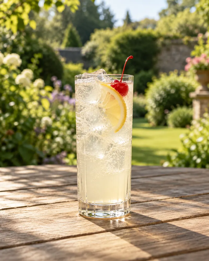 Tom Collins w szkle highball - plaster cytryny i wisienka koktajlowa