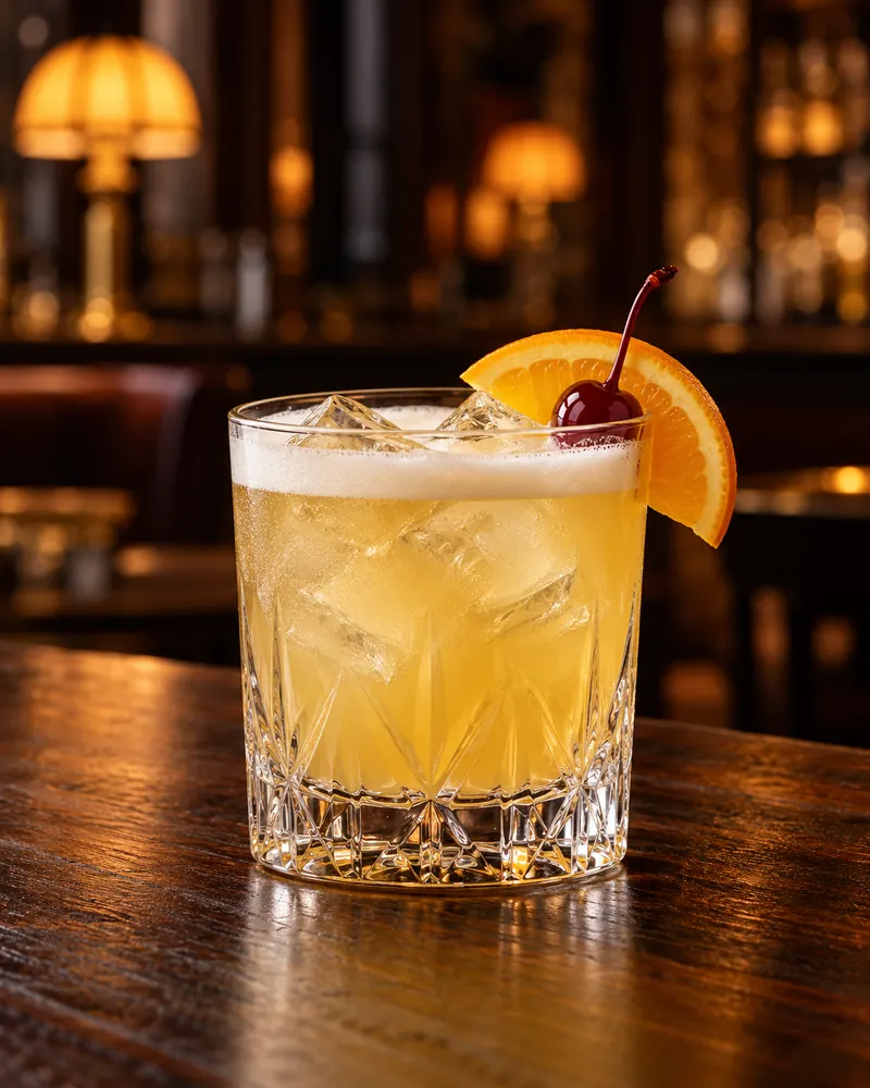Whiskey Sour w szkle tumbler - plaster pomarańczy i wisienka koktajlowa