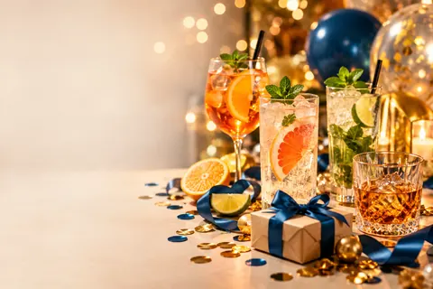 Urodzinowy stół z kolorowymi drinkami, ginem z tonikiem, szklanką whisky i prezentem z niebieską kokardą - alkohol na 18 urodziny