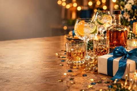 Przyjęcie urodzinowe: gin z tonikiem, rum w kryształowych szklankach, konfetti i prezent - alkohol na 30 urodziny
