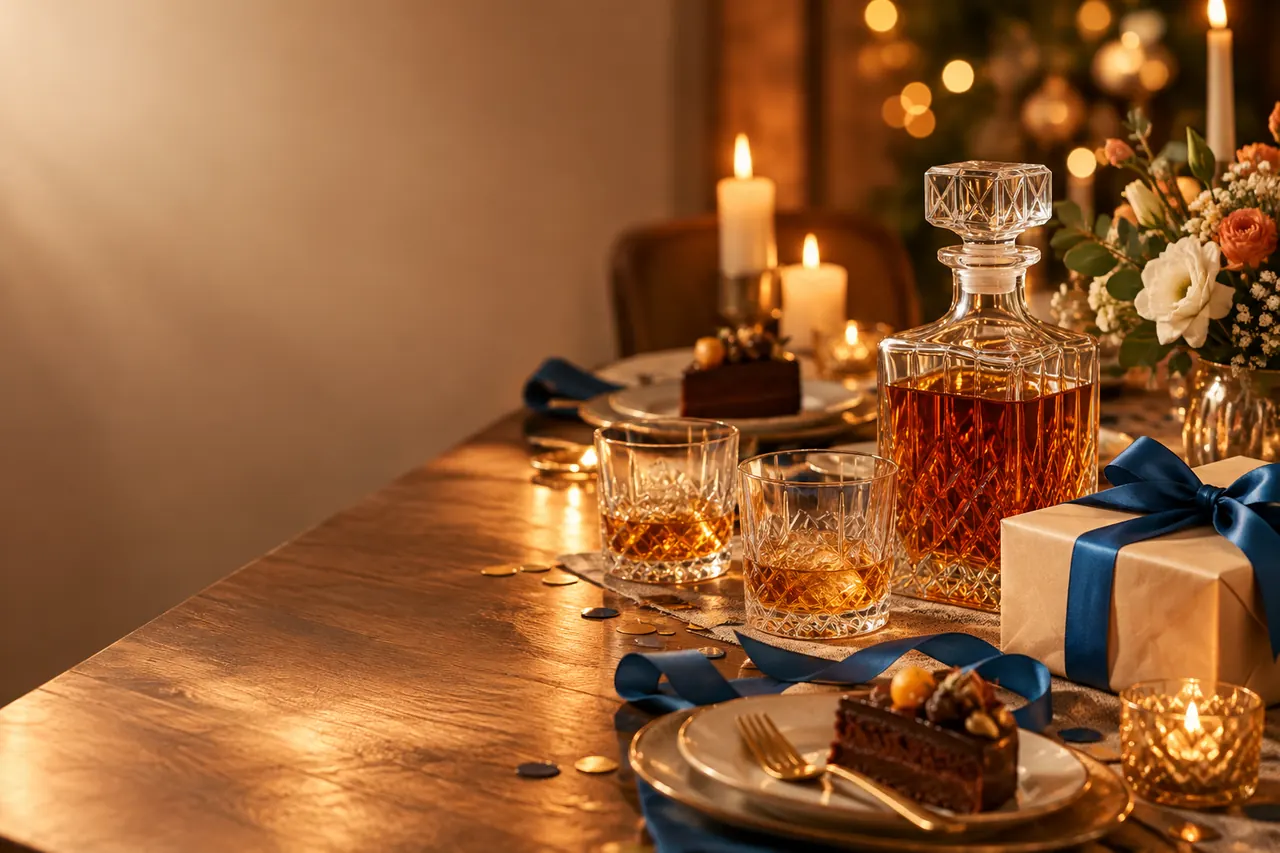 Wieczorna kolacja urodzinowa z karafką, szklankami whisky, tortem i prezentem - alkohol na 40 urodziny