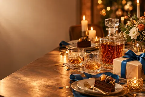 Wieczorna kolacja urodzinowa z karafką, szklankami whisky, tortem i prezentem - alkohol na 40 urodziny