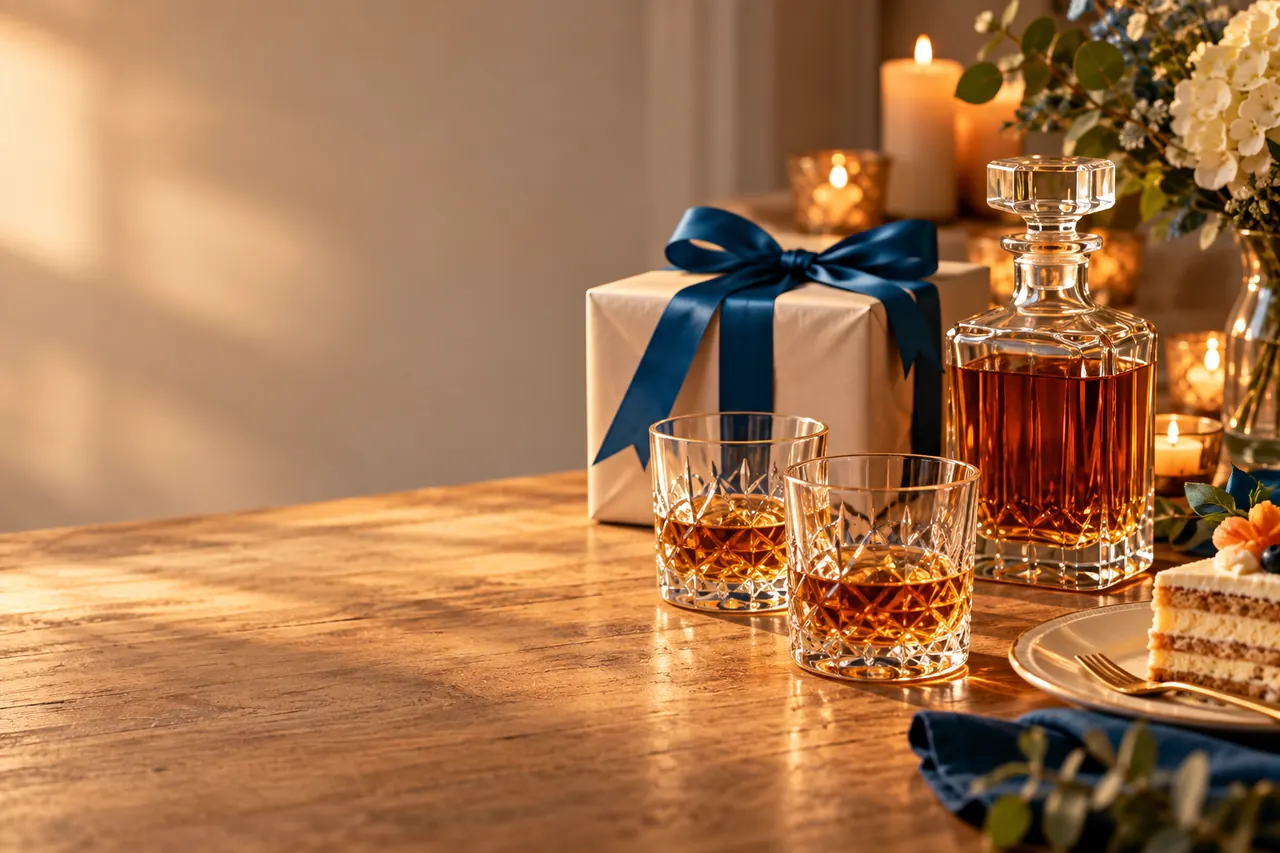 Karafka i dwie szklanki whisky obok prezentu z niebieską kokardą i świec - alkohol na 50 urodziny