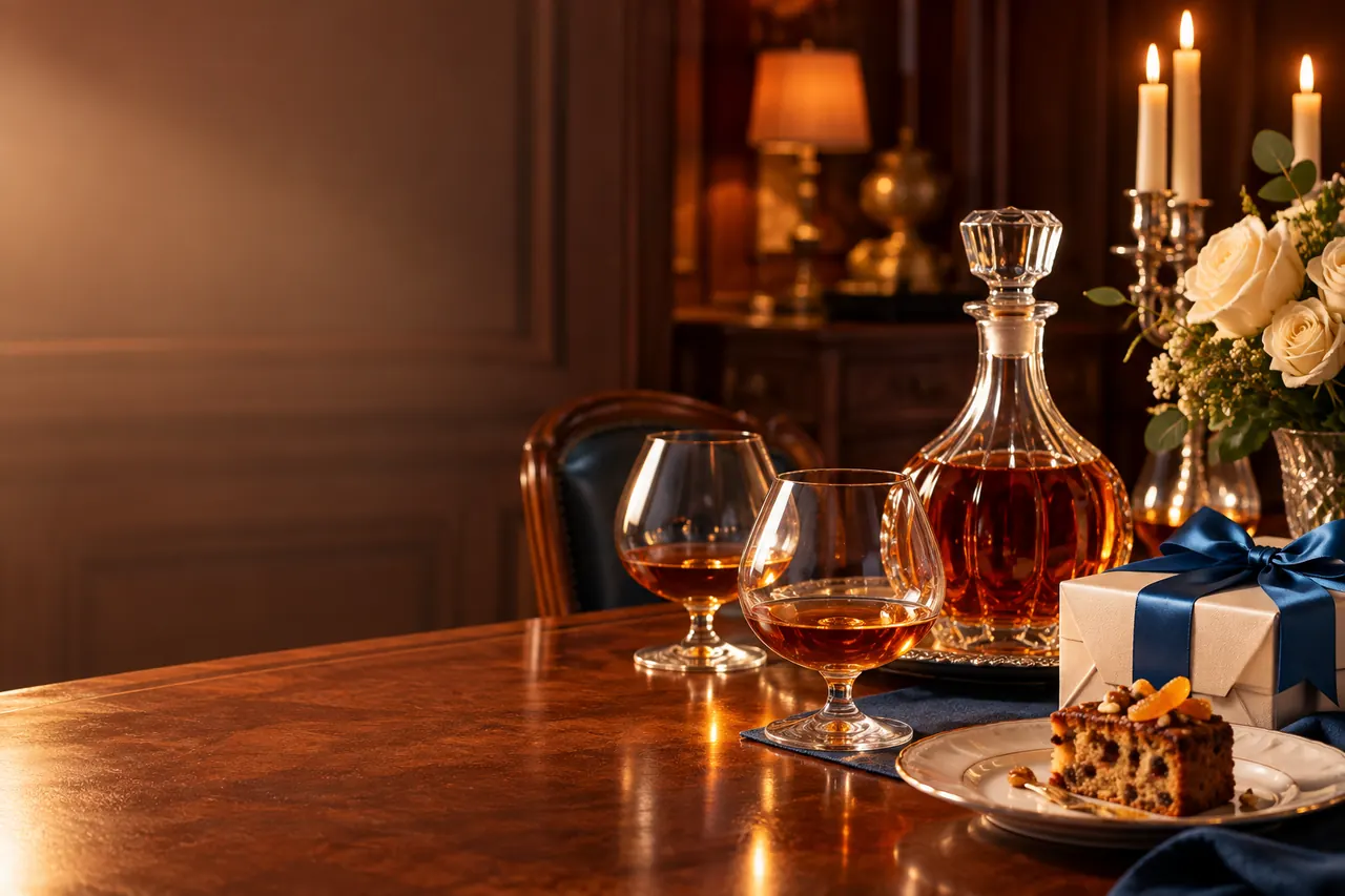 Kieliszki brandy, kryształowa karafka, prezent i róże na jubileuszowym stole - alkohol na 60 urodziny