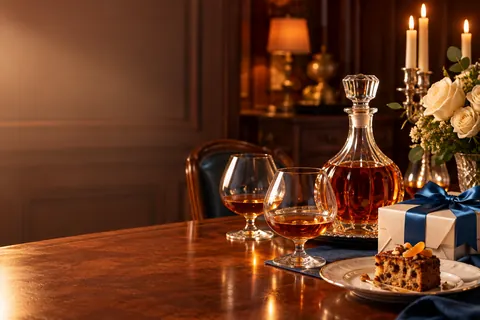 Kieliszki brandy, kryształowa karafka, prezent i róże na jubileuszowym stole - alkohol na 60 urodziny