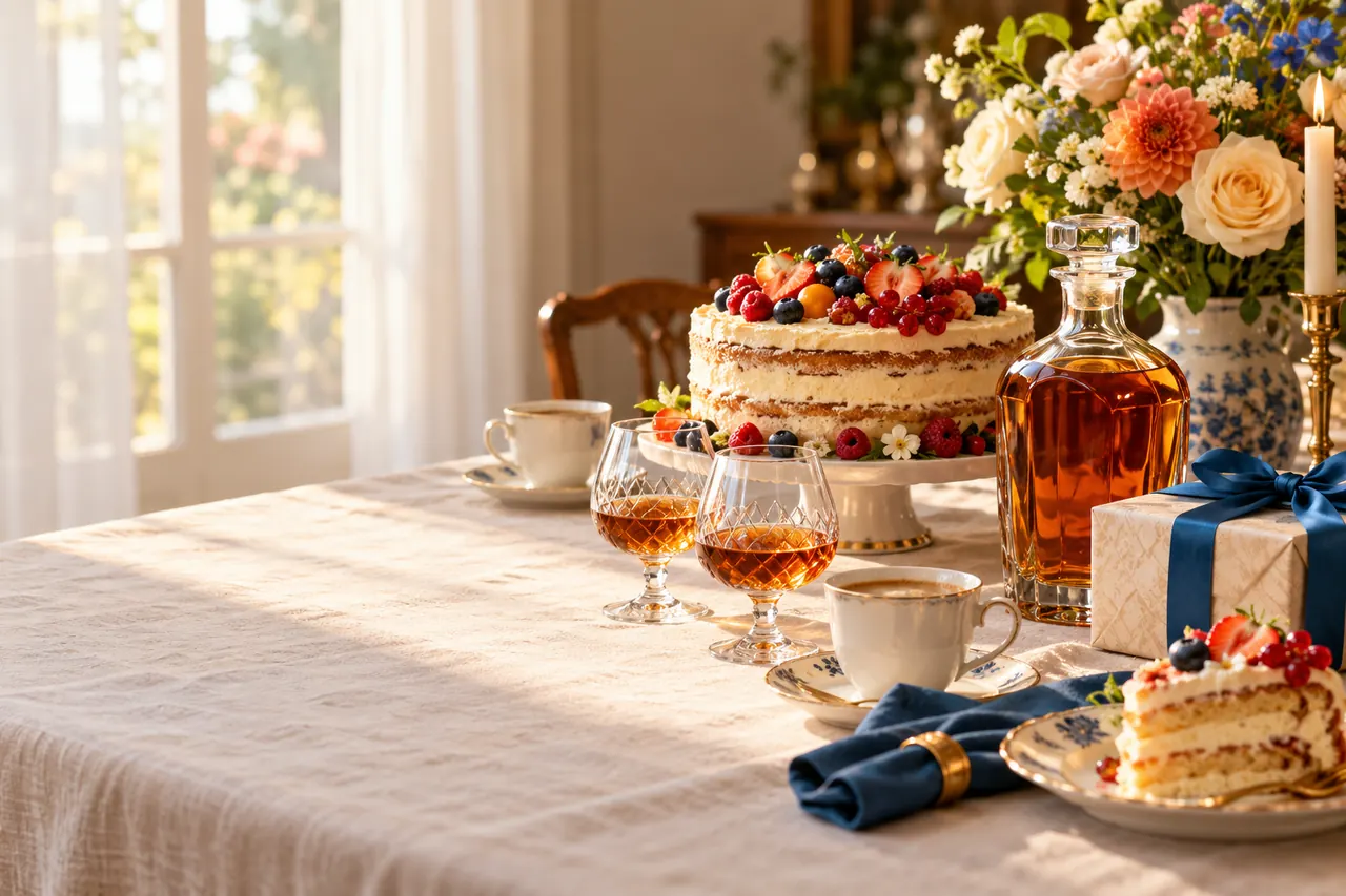 Rodzinny stół z tortem, kawą, kieliszkami brandy i prezentem - alkohol na 70 urodziny